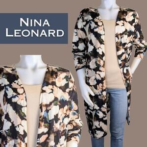 Nina Leonard Duster Cardigan XL Black Cream Bold Floral Print Open Front Pockets